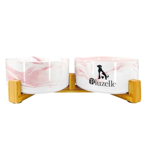 BLUZELLE Balance Bowl 2-in-1 Hundenapf Set XXL, 2X 850ml Keramikschalen mit Bambus Holz Gestell, Rutschfester Futternapf für Hunde und Katzen, Für Trockenfutter Nassfutter Wasser (Marmor Pink) von bluzelle