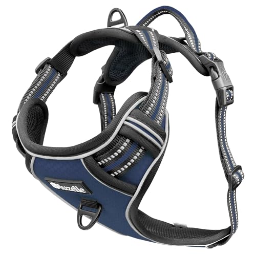 BLUZELLE Hundegeschirr für mittelgroße Hunde, Reflektierendes Brustgeschirr mit Griff & Tasche für GPS Tracker, Anti-Zug Hundeweste Hund-Warnweste, Atmungsaktiv Reflektor-Gurte, M, Farbe:Blau von bluzelle