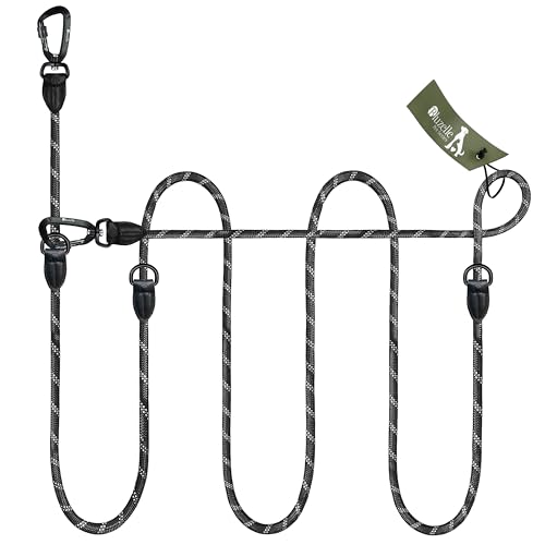 BLUZELLE Verstellbare Hundeleine 3m, Mittelgroße & Große Hunde, Freihandleine Doppelleine für 2 Hunde, 2 Starke Aluminium-Karabiner, Reflektierende Paracord-Leine mit Leder-Akzenten, Farbe:Schwarz von bluzelle