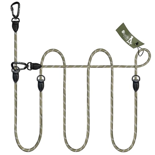 BLUZELLE Verstellbare Hundeleine 3m, Mittelgroße & Große Hunde, Freihandleine Doppelleine für 2 Hunde, 2 Starke Aluminium-Karabiner, Reflektierende Paracord-Leine mit Leder-Akzenten, Farbe:Grün von bluzelle