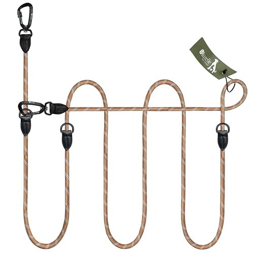 BLUZELLE Verstellbare Hundeleine 3m, Mittelgroße & Große Hunde, Freihandleine Doppelleine für 2 Hunde, 2 Starke Aluminium-Karabiner, Reflektierende Paracord-Leine mit Leder-Akzenten, Farbe:Khaki von bluzelle