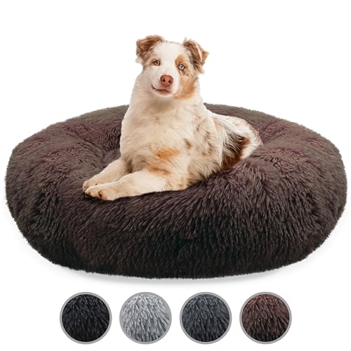 bluzelle Hundebett Große Hunde, 100cm Hundekissen Rund Donut Kissen Hundekorb Flauschig Plüsch, Ergonomisch Bezug Waschbar rutschfest Weich Kuschelig Kunstfell, Farbe:Coffee von bluzelle