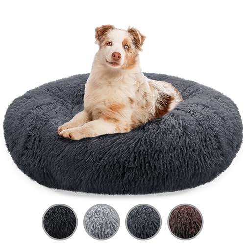 bluzelle Hundebett Große Hunde, 100cm Hundekissen Rund Donut Kissen Hundekorb Flauschig Plüsch, Ergonomisch Bezug Waschbar rutschfest Weich Kuschelig Kunstfell, Farbe:Dunkel-Grau von bluzelle