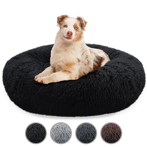 bluzelle Hundebett Große Hunde, 100cm Hundekissen Rund Donut Kissen Hundekorb Flauschig Plüsch, Ergonomisch Bezug Waschbar rutschfest Weich Kuschelig Kunstfell, Farbe:Schwarz von bluzelle