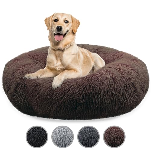 bluzelle Hundebett Große Hunde, 120cm Hundekissen Rund Donut Kissen Hundekorb Flauschig Plüsch, Ergonomisch Bezug Waschbar rutschfest Weich Kuschelig Kunstfell, Farbe:Coffee von bluzelle