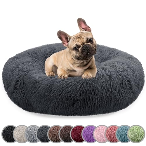 bluzelle Hundebett für Mittelgroße Hunde, 70cm Hundekissen Rund Donut Kissen Hundekorb Flauschig Plüsch, Ergonomisch Bezug Waschbar rutschfest Weich Kunstfell, Farbe:Dunkel-Grau von bluzelle