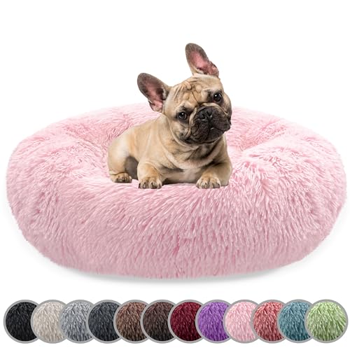 bluzelle Hundebett für Mittelgroße Hunde, 70cm Hundekissen Rund Donut Kissen Hundekorb Flauschig Plüsch, Ergonomisch Bezug Waschbar rutschfest Weich Kunstfell, Farbe:Hell-Rosa von bluzelle