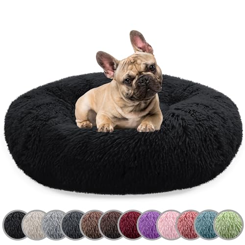 bluzelle Hundebett für Mittelgroße Hunde, 70cm Hundekissen Rund Donut Kissen Hundekorb Flauschig Plüsch, Ergonomisch Bezug Waschbar rutschfest Weich Kunstfell, Farbe:Schwarz von bluzelle