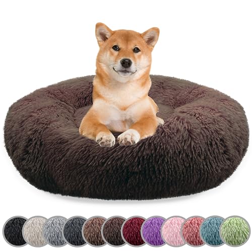 bluzelle Hundebett für Mittelgroße Hunde, 80cm Hundekissen Rund Donut Kissen Hundekorb Flauschig Plüsch, Ergonomisch Bezug Waschbar rutschfest Weich Kunstfell, Farbe:Coffee von bluzelle