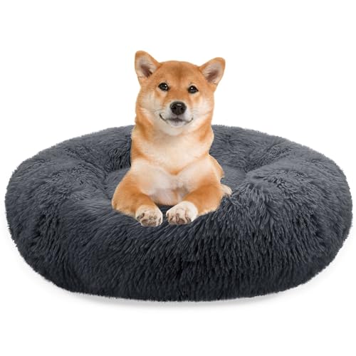 bluzelle Hundebett für Mittelgroße Hunde, 80cm Hundekissen Rund Donut Kissen Hundekorb Flauschig Plüsch, Ergonomisch Bezug Waschbar rutschfest Weich Kunstfell, Farbe:Dunkelgrau von bluzelle