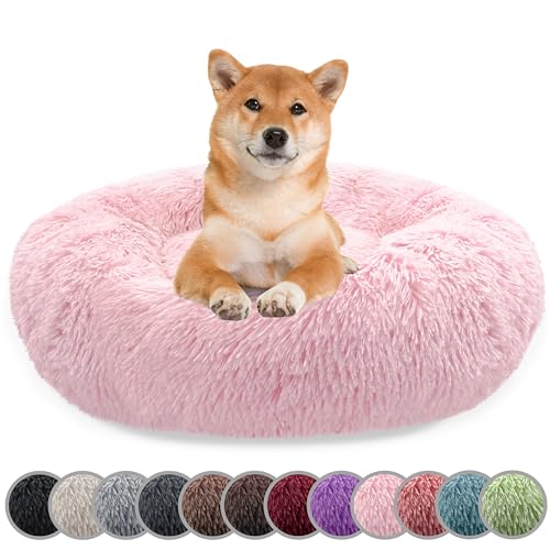 bluzelle Hundebett für Mittelgroße Hunde, 80cm Hundekissen Rund Donut Kissen Hundekorb Flauschig Plüsch, Ergonomisch Bezug Waschbar rutschfest Weich Kunstfell, Farbe:Hell-Rosa von bluzelle