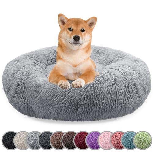 bluzelle Hundebett für Mittelgroße Hunde, 80cm Hundekissen Rund Donut Kissen Hundekorb Flauschig Plüsch, Ergonomisch Bezug Waschbar rutschfest Weich Kunstfell, Farbe:Hellgrau von bluzelle