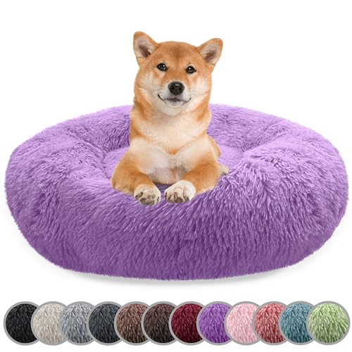 bluzelle Hundebett für Mittelgroße Hunde, 80cm Hundekissen Rund Donut Kissen Hundekorb Flauschig Plüsch, Ergonomisch Bezug Waschbar rutschfest Weich Kunstfell, Farbe:Lila von bluzelle