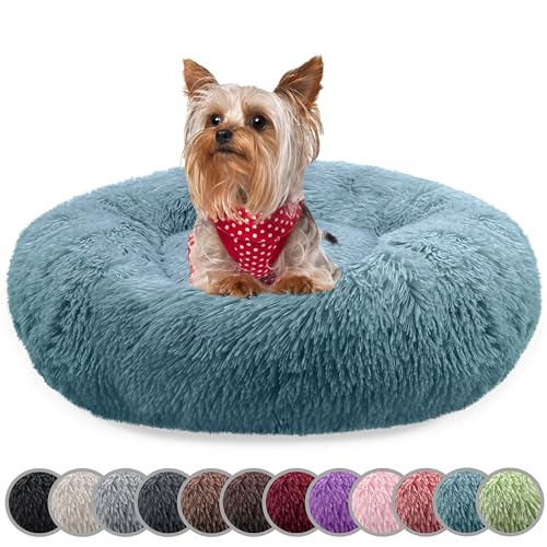 bluzelle Hundebett für kleine Hunde & Katzen, 50cm Hundekissen Rund Donut Kissen Hundekorb Plüsch, Katzenbett Flauschig Katzenkissen Waschbar rutschfest Weich, Farbe:Blau von bluzelle