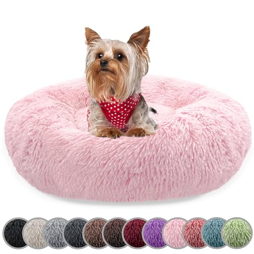 bluzelle Hundebett für kleine Hunde & Katzen, 50cm Hundekissen Rund Donut Kissen Hundekorb Plüsch, Katzenbett Flauschig Katzenkissen Waschbar rutschfest Weich, Farbe:Hell-Rosa von bluzelle