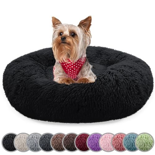 bluzelle Hundebett für kleine Hunde & Katzen, 50cm Hundekissen Rund Donut Kissen Hundekorb Plüsch, Katzenbett Flauschig Katzenkissen Waschbar rutschfest Weich, Farbe:Schwarz von bluzelle