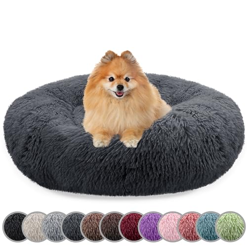 bluzelle Hundebett für kleine Hunde & Katzen, 60cm Hundekissen Rund Donut Kissen Hundekorb Plüsch, Katzenbett Flauschig Katzenkissen Waschbar rutschfest Weich, Farbe:Dunkel-Grau von bluzelle