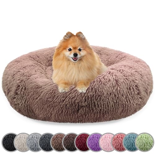 bluzelle Hundebett für kleine Hunde & Katzen, 60cm Hundekissen Rund Donut Kissen Hundekorb Plüsch, Katzenbett Flauschig Katzenkissen Waschbar rutschfest Weich, Farbe:Khaki von bluzelle