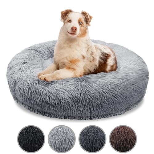 bluzelle Orthopädisches Hundebett für Grosse Hunde, 100cm Donut Kissen Waschbar Memory Foam Rund, Hundekorb Hundekissen Flauschig Plüsch Kunstfell Weich, Farbe:Hellgrau von bluzelle