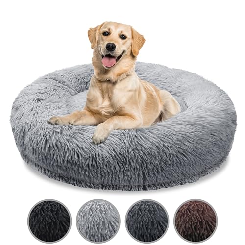 bluzelle Orthopädisches Hundebett für Grosse Hunde, 120cm Donut Kissen Waschbar Memory Foam Rund, Hundekorb Hundekissen Flauschig Plüsch Kunstfell Weich, Farbe:Hellgrau von bluzelle