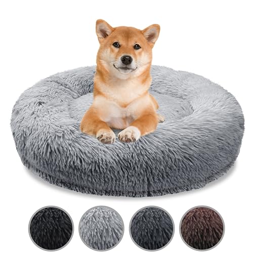 bluzelle Orthopädisches Hundebett für Mittelgroße Hunde, 80cm Donut Kissen Waschbar Memory Foam Rund, Hundekorb Hundekissen Flauschig Plüsch Kunstfell Weich, Farbe:Hellgrau von bluzelle