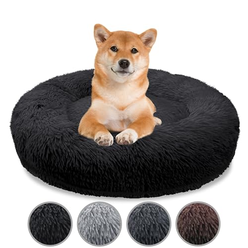 bluzelle Orthopädisches Hundebett für Mittelgroße Hunde, 80cm Donut Kissen Waschbar Memory Foam Rund, Hundekorb Hundekissen Flauschig Plüsch Kunstfell Weich, Farbe:Schwarz von bluzelle