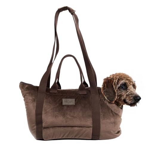 Bo & Flash Hundetragetasche Portland – Design Umhängetasche für kleine Hunde bis 7 Kg – mit Anti Rutsch Beschichtung – Waschbare Tragetasche 44 x 26 x 32 cm – Design Taupe von bo&flash