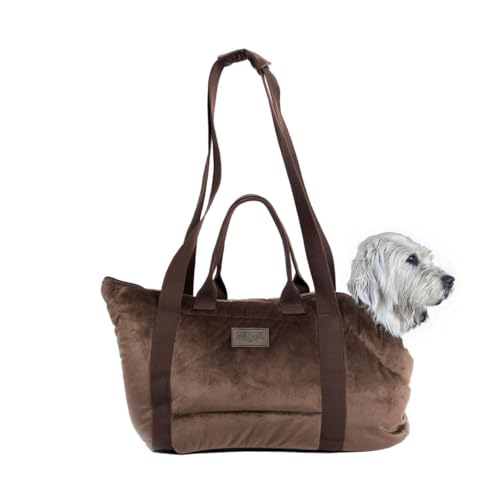 Bo & Flash Hundetragetasche Portland – Design Umhängetasche für kleine Hunde bis 7 Kg – mit Anti Rutsch Beschichtung – Waschbare Tragetasche 44 x 26 x 32 cm – Design Taupe von bo&flash