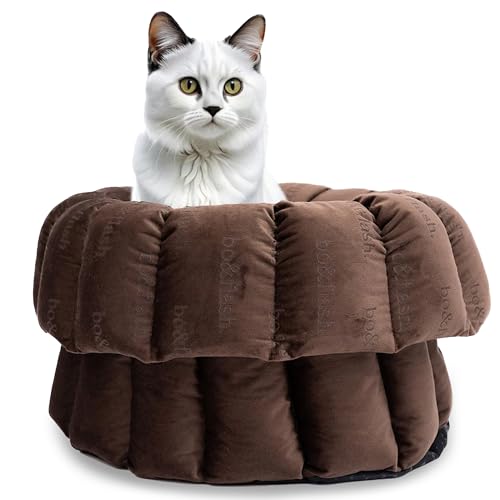 bo&flash Design Katzenbett Taupe – Kuscheliges Katzenbett 45x23 cm – Katzenkörbchen für einen gemütlichen Katzen Schlafplatz – waschbarer Katzenkorb – Flauschiges Katzen Zubehör von bo&flash