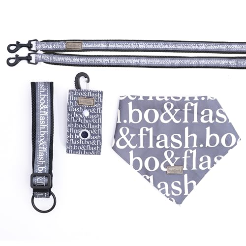 bo&flash Hundeleinen Set Pittsburgh für kleine Hunde – Bequemes Hundehalsband mit 2,5 m Leine – 4 tlgs. modisches Set mit Verstellbarer Hundeleine und charmantem Halstuch – Dark Grey – L von bo&flash