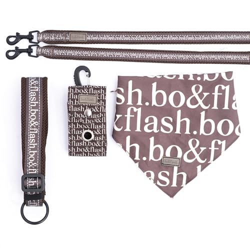 bo&flash Hundeleinen Set Pittsburgh für kleine Hunde – Bequemes Hundehalsband mit 2,5 m Leine – 4 tlgs. modisches Set mit Verstellbarer Hundeleine und charmantem Halstuch – Taupe – L von bo&flash