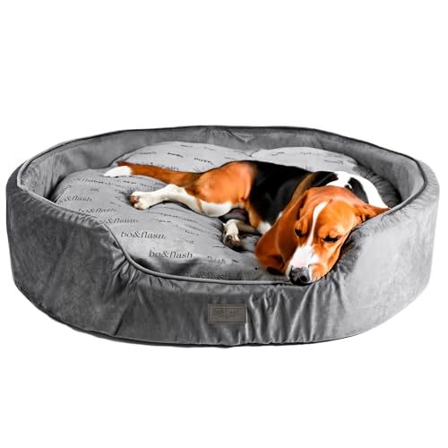 bo&flash Kuscheliges Hundebett Groß – Trendiges Hundekörbchen San Diego – Waschbar und ohne Schadstoffe – Hundesofa Gelenkschonend für Große Hunde – XL 90 X 110 X 21 cm – Dark Grey Rund von bo&flash