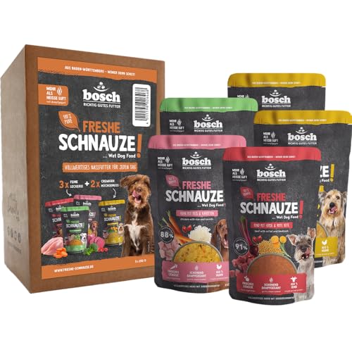 Bosch Freshe Schnauze, Aktionspaket Nassfutter 5 x 250 g, Schonend Dampfgegartes Alleinfuttermittel für Hunde, Geschmacksrichtungen: Rind, Huhn und Pute, Probierpaket, Nassfutter für Hunde von bosch TIERNAHRUNG