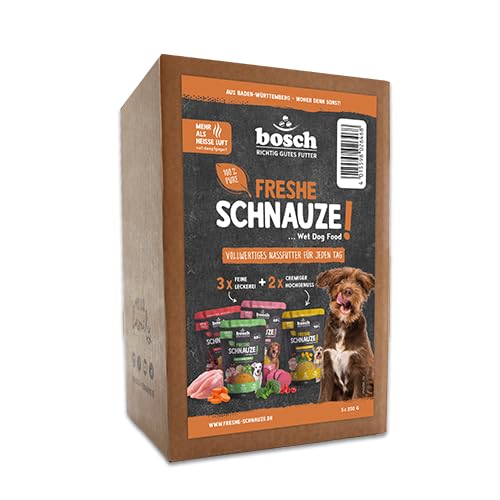 Bosch Freshe Schnauze, Aktionspaket Nassfutter 5 x 250 g, Schonend Dampfgegartes Alleinfuttermittel für Hunde, Geschmacksrichtungen: Rind, Huhn und Pute, Probierpaket, Nassfutter für Hunde von bosch TIERNAHRUNG