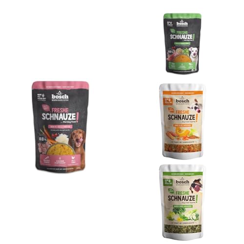 Bosch Freshe Schnauze, Huhn mit Reis und Karotten +Pute mit Quinoa und Spinat 1 x 250 g +Sonnig gelbes Ackergemüse +Knackig grünes Ackergemüse 1 x 200g |Schonend Dampfgegartes Nassfutter + Topping von bosch TIERNAHRUNG