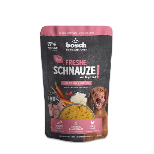 Bosch Freshe Schnauze, Huhn mit Reis und Karotten 1 x 250 g, Schonend Dampfgegartes Nassfutter für Hunde, Vollwertiges Alleinfuttermittel mit hohem Fleischgehalt, 250 g Hundenassfutter von bosch TIERNAHRUNG