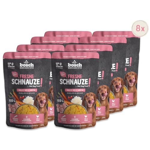 Bosch Freshe Schnauze, Huhn mit Reis und Karotten 8 x 250 g, Schonend Dampfgegartes Nassfutter für Hunde, Vollwertiges Alleinfuttermittel mit hohem Fleischgehalt, 8 x 250 g Hundenassfutter von bosch TIERNAHRUNG