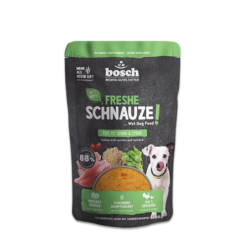 Bosch Freshe Schnauze, Pute mit Quinoa und Spinat 1 x 250 g, Schonend Dampfgegartes Nassfutter für Hunde, Vollwertiges Alleinfuttermittel mit hohem Fleischgehalt, 250 g Hundenassfutter von bosch TIERNAHRUNG