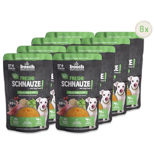 Bosch Freshe Schnauze, Pute mit Quinoa und Spinat 8 x 250 g, Schonend Dampfgegartes Nassfutter für Hunde, Vollwertiges Alleinfuttermittel mit hohem Fleischgehalt, 8 x 250 g Hundenassfutter von bosch TIERNAHRUNG