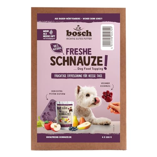 Bosch Freshe Schnauze - Aktionspaket Frucht 4 x 200 g + GRATIS Eisform für Hundeeis | Topping für Hundefutter | Trockenfutter und Nassfutter geeignet | mit frischen Äpfeln, Birnen & Blaubeeren von bosch TIERNAHRUNG