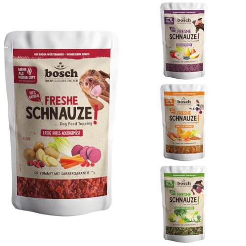 Bosch Freshe Schnauze - Erdig rotes Ackergemüse + Fruchtiger Obstgarten + Sonnig gelbes Ackergemüse + Knackig grünes Ackergemüse 200g| Topping für Trockenfutter und Nassfutter geeignet von bosch TIERNAHRUNG