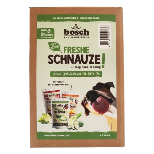 Bosch Freshe Schnauze - Gemüsekiste Aktionspaket 6 x 200 g | Mixpaket mit Roten, Grünen und Gelben Toppings für Hundefutter | Für Trockenfutter und Nassfutter geeignet von bosch TIERNAHRUNG