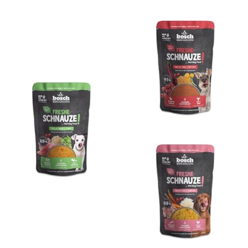 Bosch Freshe Schnauze Pute mit Quinoa und Spinat + Rind mit Hirse und Rote Bete +Huhn mit Reis und Karotten 250g |Schonend Dampfgegartes Nassfutter für Hunde, Vollwertiges Alleinfuttermitter| von bosch TIERNAHRUNG