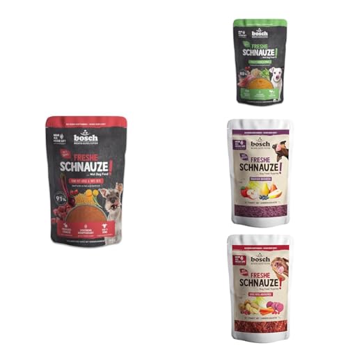 Bosch Freshe Schnauze Rind mit Hirse und Rote Bete + Pute mit Quinoa und Spinat 250g + Freshe Schnauze Fruchtiger Obstgarten + Erdig rotes Ackergemüse 200g|Schonend Dampfgegartes Nassfutter+Topping von bosch TIERNAHRUNG