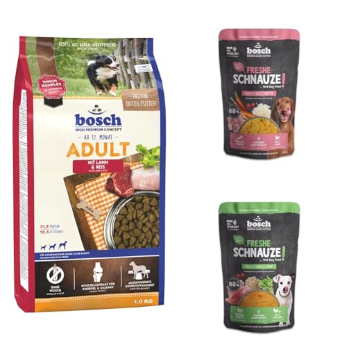 Bosch HPC Adult mit Lamm & Reis Trockenfutter 3 kg + Freshe Schnauze Huhn mit Reis und Karotten + Freshe Schnauze, Pute mit Quinoa und Spinat 1 x 250 g, Schonend Dampfgegartes Nassfutter für Hunde von bosch TIERNAHRUNG