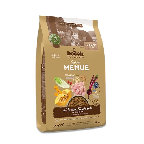 Bosch HPC MENUE Senior mit Tierwohl-Huhn + Dinkel & Hafer| Hundetrockenfutter für ältere Hunde Aller Rassen | 1 x 1 kg von bosch TIERNAHRUNG