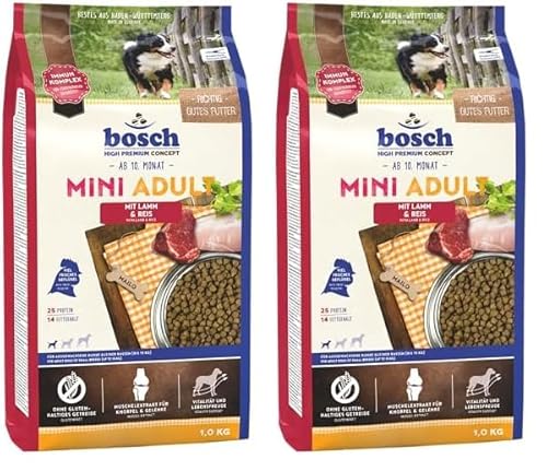 Bosch HPC Mini Adult mit Lamm & Reis | Hundetrockenfutter für ausgewachsene Hunde Kleiner Rassen (bis 15 kg) | 1 x 1 kg (Packung mit 2) von bosch TIERNAHRUNG