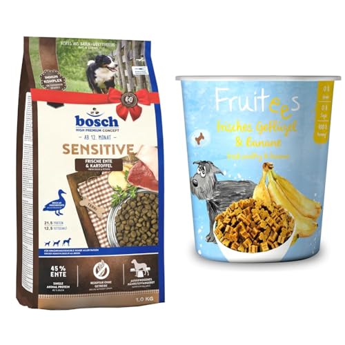 Bosch HPC Sensitive Ente & Kartoffel | Hundetrockenfutter für ernährungssensible Hunde Aller Rassen 1 x 3 kg + Bosch Fruitees frisches Geflügel & Banane 4 x 200g | ohne Getreide von bosch TIERNAHRUNG