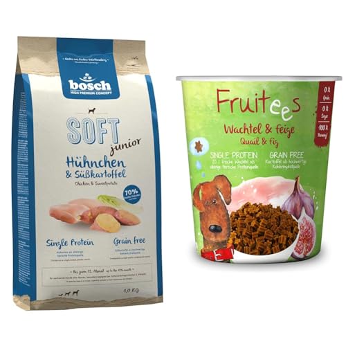 Bosch HPC Soft Junior Hühnchen & Süßkartoffel | halbfeuchtes Hundefutter Single Protein 1 x 2.5 kg + Bosch Finest Snack Concept Fruitees Frische Wachtel und Feige 4 X 200g| ohne Getreide von bosch TIERNAHRUNG