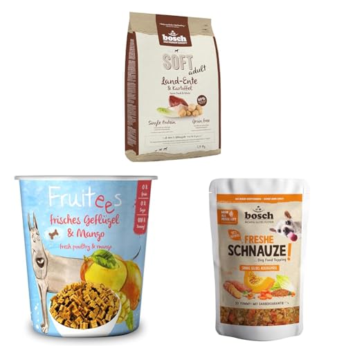 Bosch HPC Soft Land-Ente & Kartoffel Single Protein | Grain-Free | 1 x 2.5 kg+Bosch Fruitees frisches Geflügel & Mango |4 x 200 g + Freshe Schnauze Sonnig gelbes Ackergemüse 1 x 200g| Getreidefrei| von bosch TIERNAHRUNG